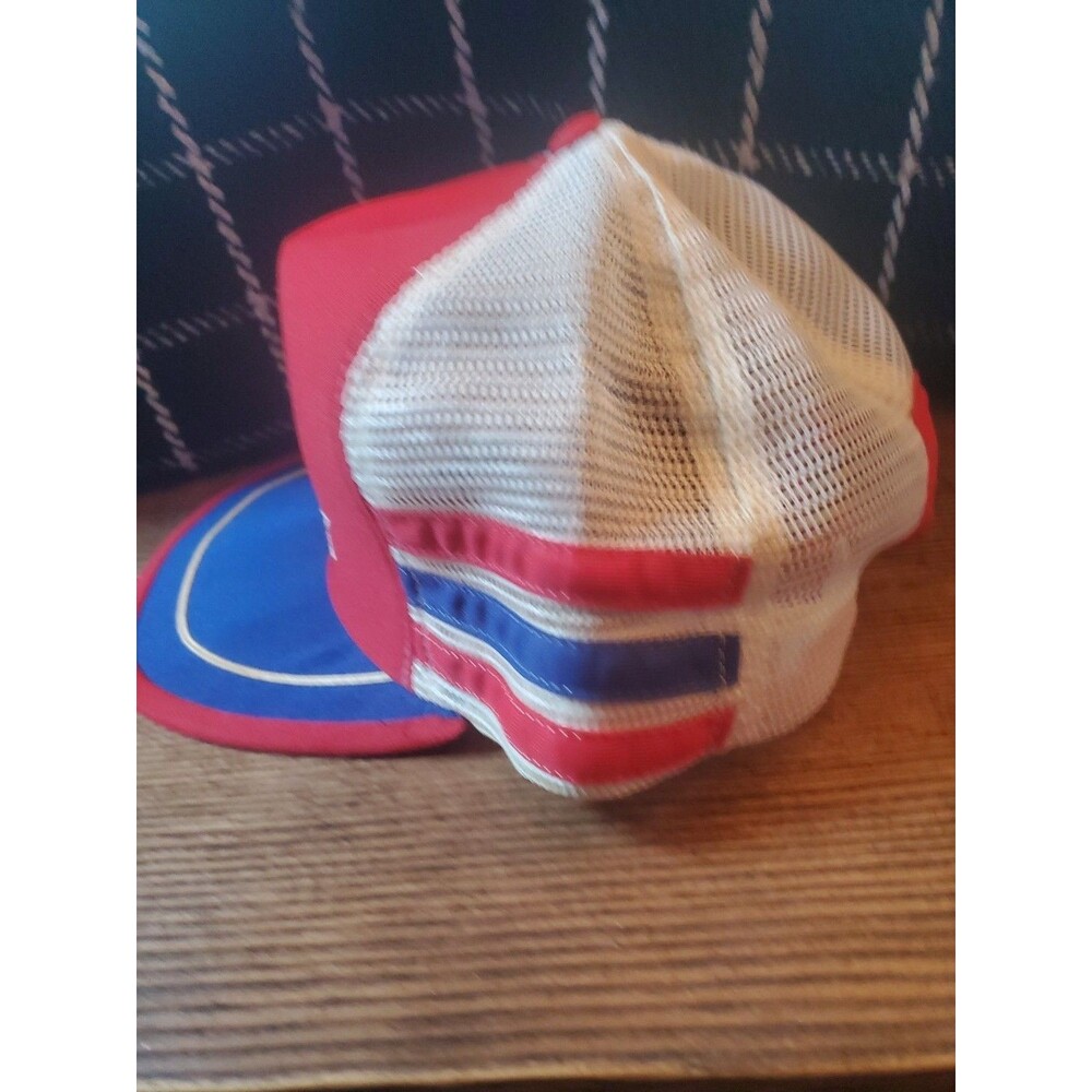 Vtg 3 Stripe Red White Blue Mesh Snapback Trucker Hat Made USA Bellefonte Bicen. - Picture 4 of 10